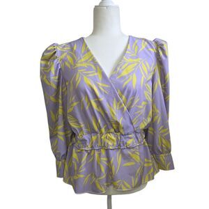 Lavender Lime Green Leaves Print V-Neck Puffed Sleeves Tropical Blouse